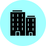 Black skyscraper silhouettes on cyan circle