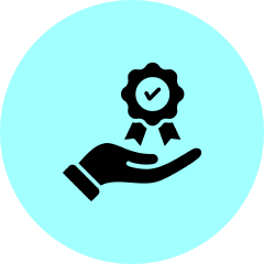 Hand holding a badge with checkmark.