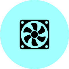 Computer fan icon on blue background.
