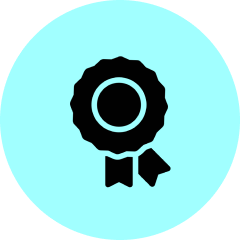 Award badge icon with blue background.