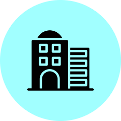 Icon of a building on blue background.