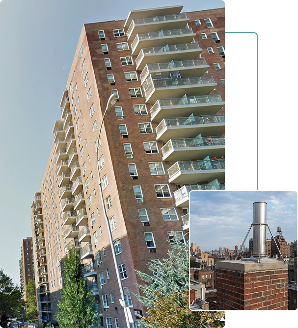 High-rise brick building with balconies.