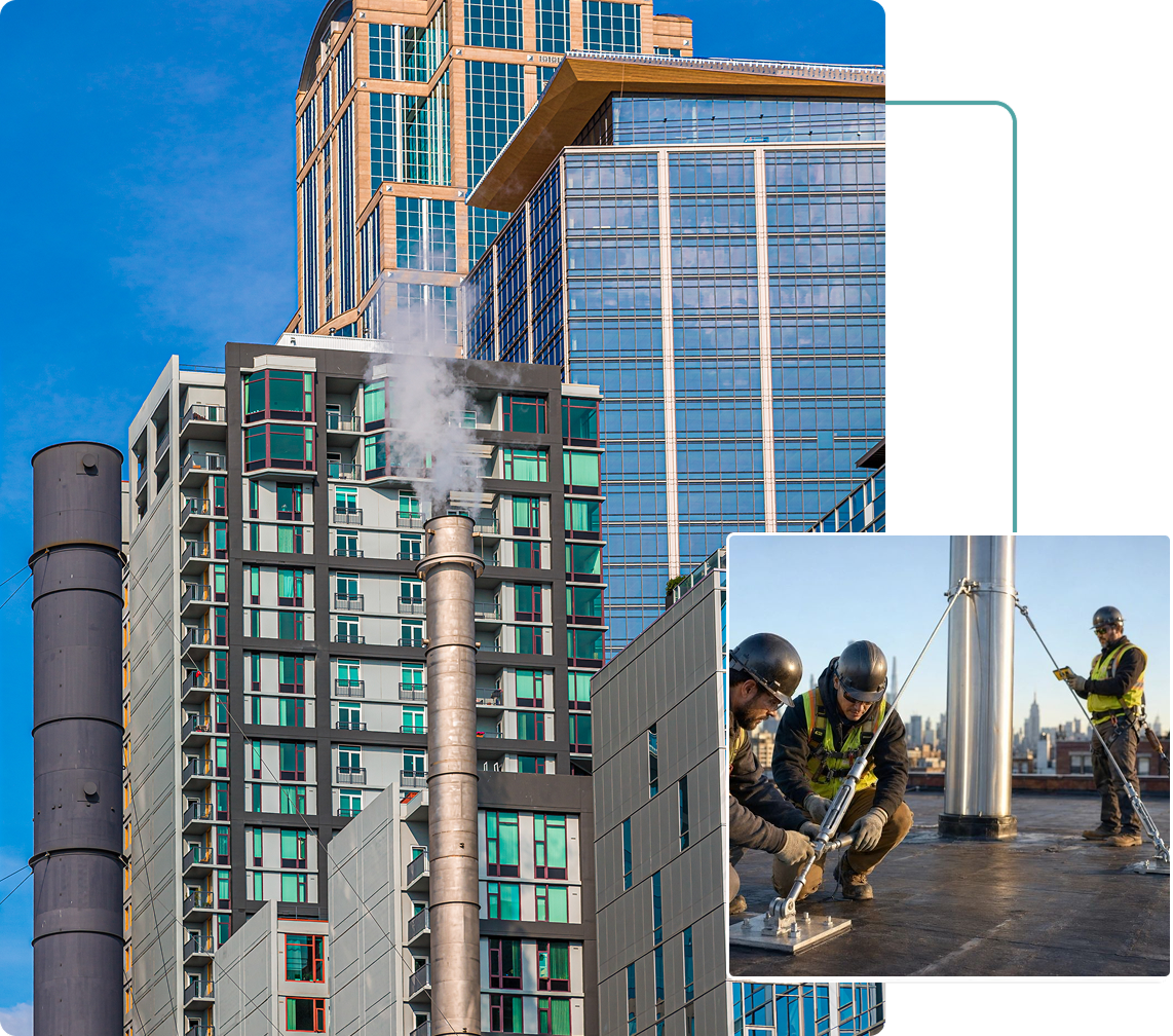 Skyscrapers with workers fixing rooftop structure.