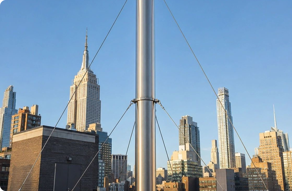 New York City skyline with tall buildings.
