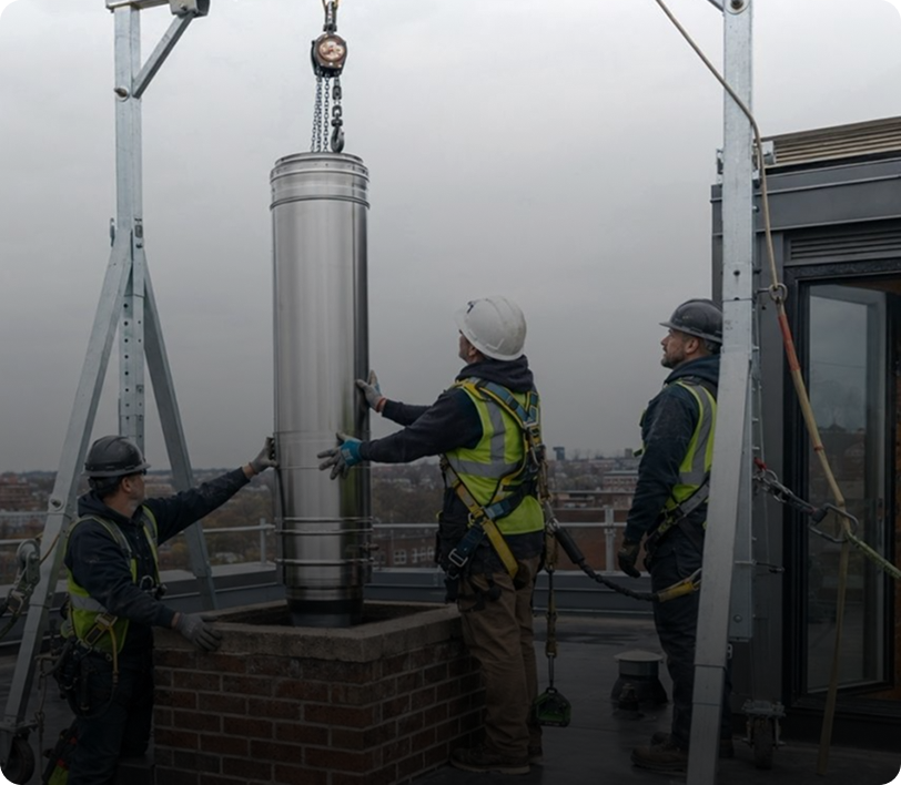 Workers installing chimney on rooftop structure.