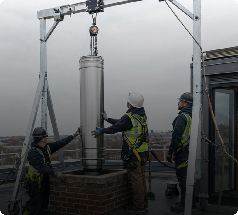 Workers installing chimney on rooftop.