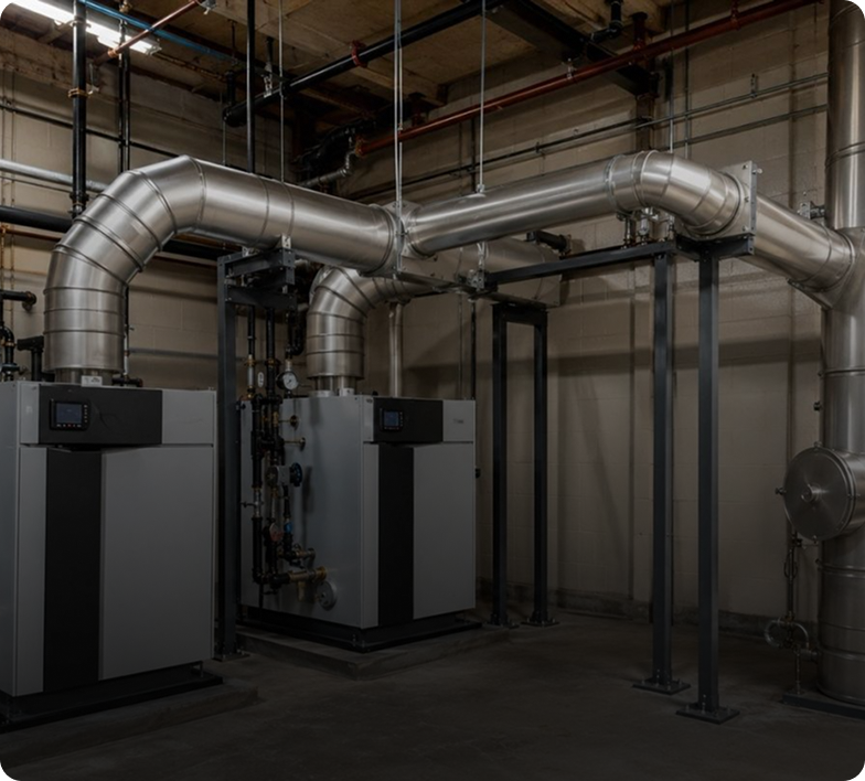 Industrial boilers with complex piping system.
