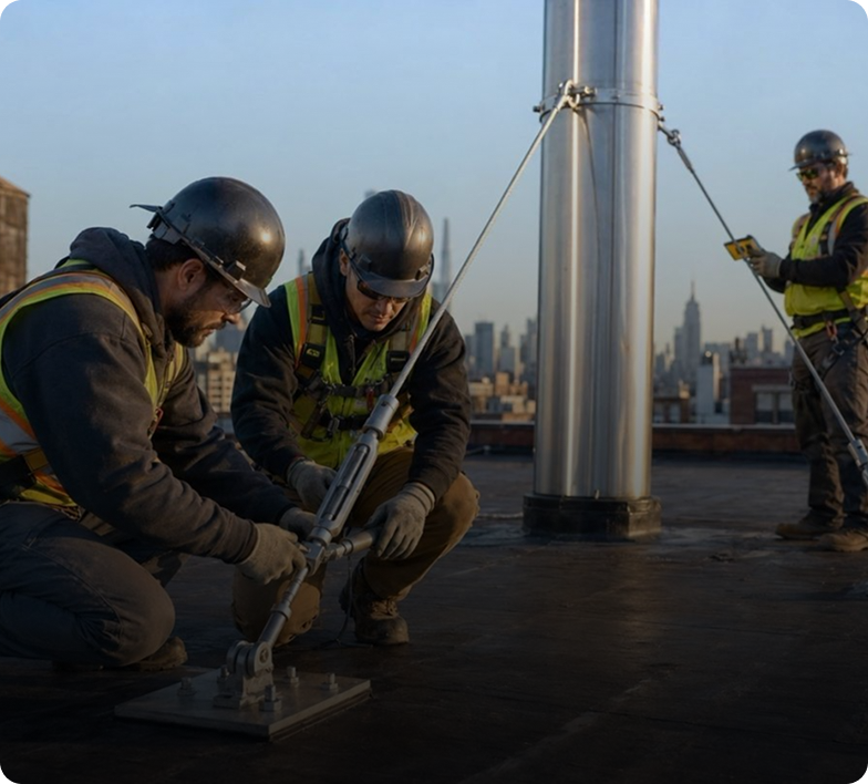 Workers securing rooftop safety equipment at sunset.