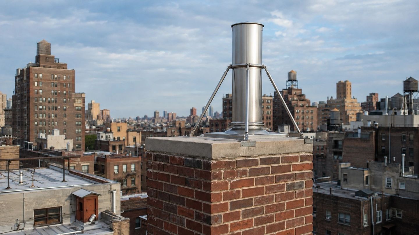 Rooftop chimney with cityscape background.