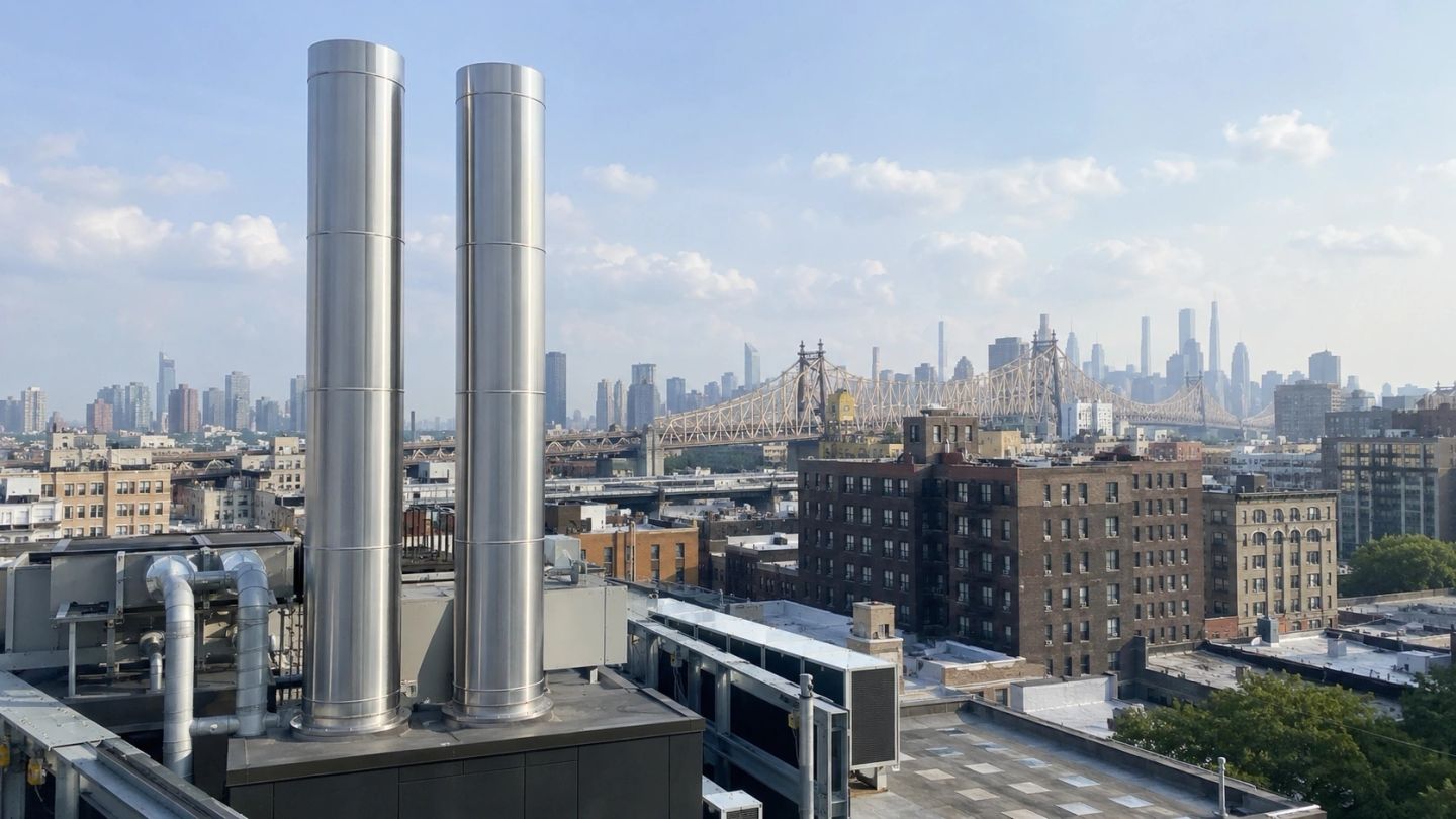 City skyline with bridge and chimneys.